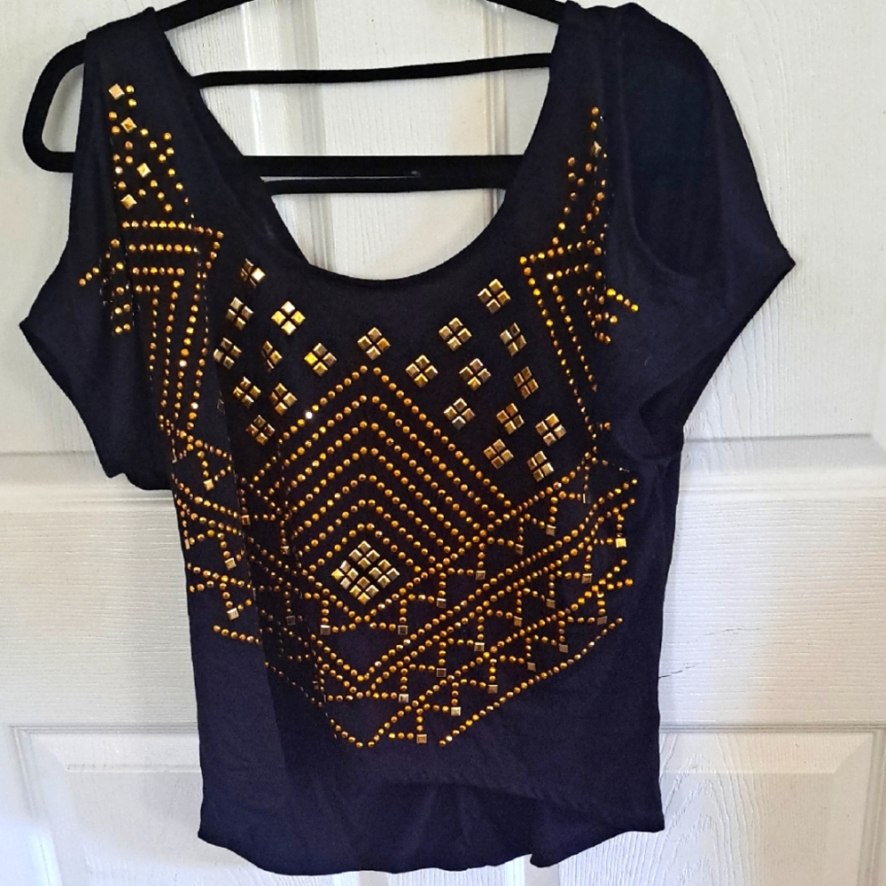 BONGO Black Embellished Short Sleeve Blouse Size Med